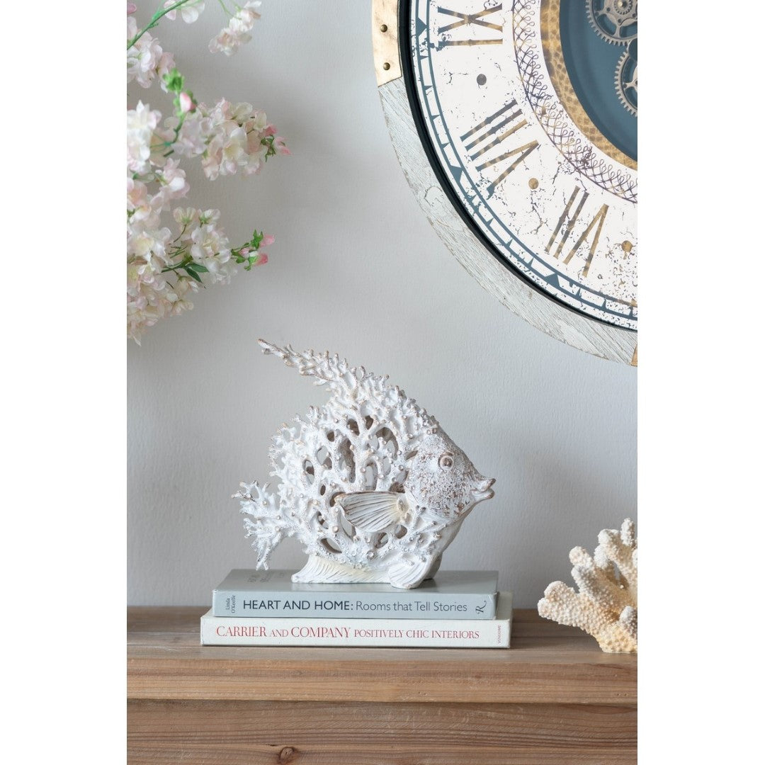 Elegant white coral look angelfish ornament, 28x16x25cm, adds coastal charm to home decor and showcases marine beauty.