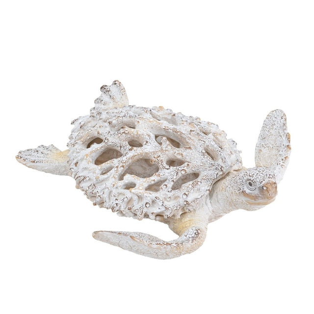 White coral reef sea turtle statue (33.5x31x10 cm) with intricate design, perfect for coastal-themed decor and ocean enthusiasts.