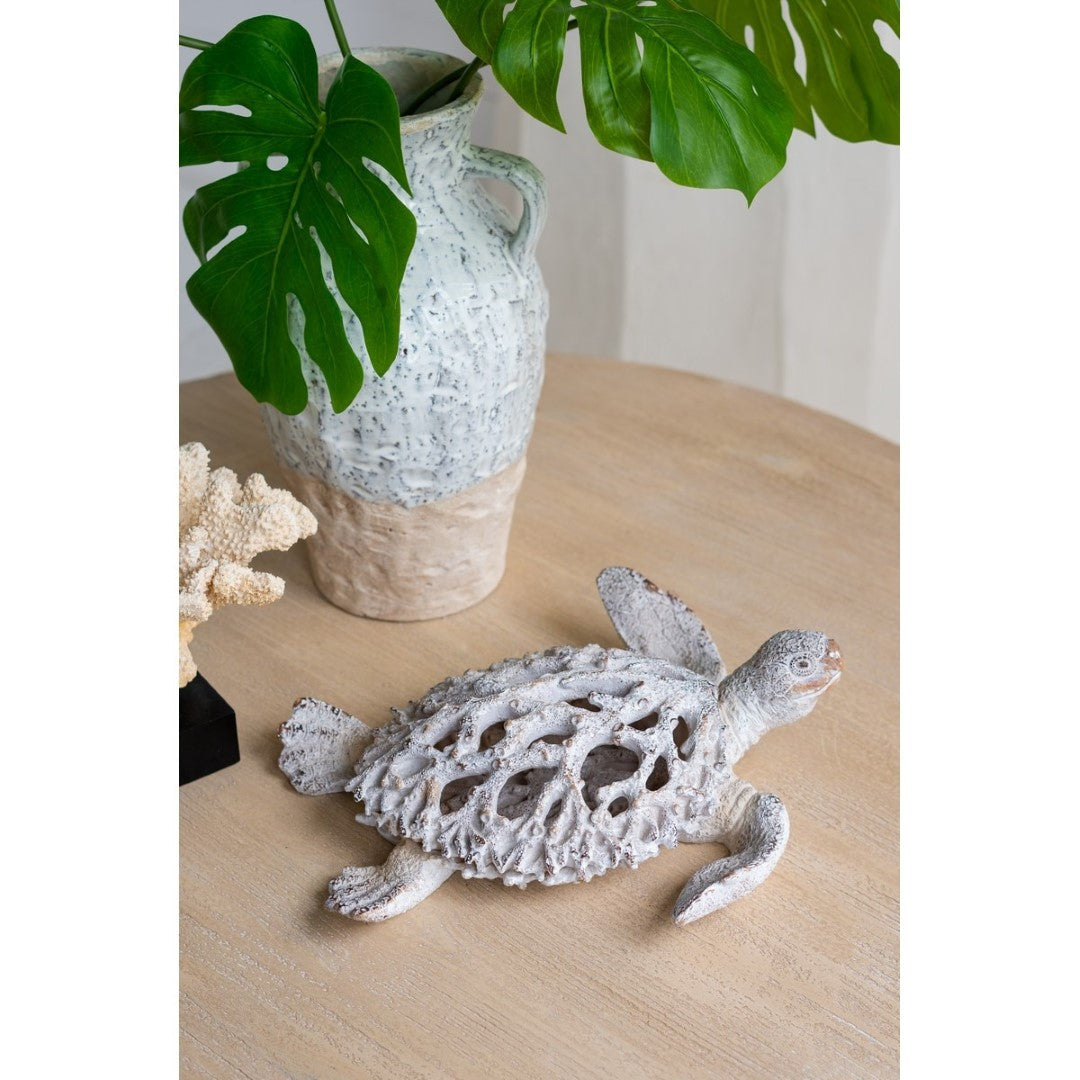 White Coral Reef Sea Turtle Statue, elegantly designed with a coral-inspired finish, perfect for coastal decor.