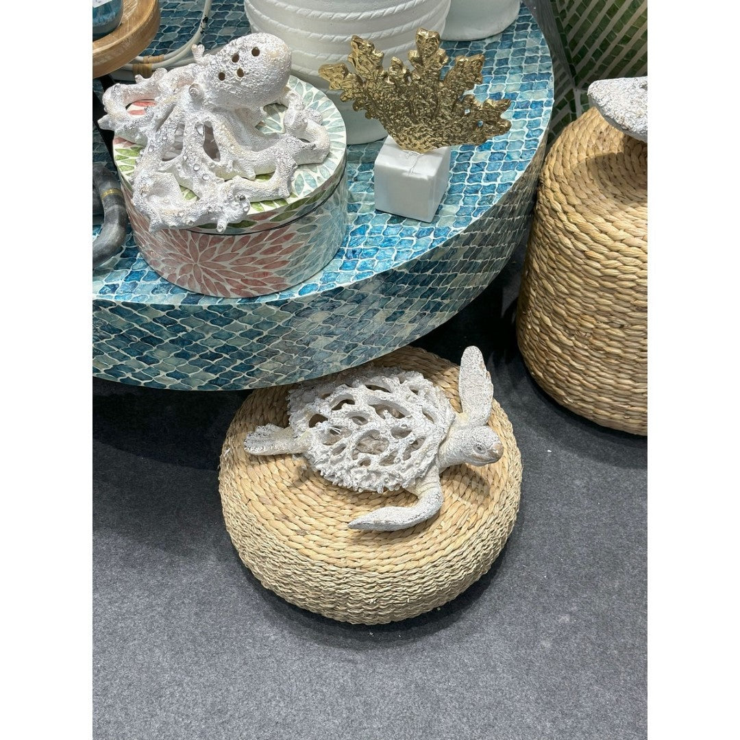 White Coral Reef Sea Turtle Statue, 33.5 x 31 x 10 cm, elegantly crafted marine decor piece with textured coral finish.