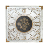 Large Gear Clock with exposed gears and cogs, blending steampunk style and modern design, crafted from wood and glass.