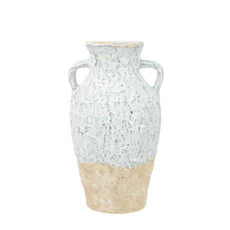 Elegant two-handled ceramic flower vase in white and natural tones, perfect for fresh or faux floral displays.