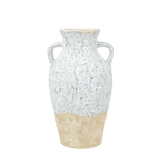 Elegant two-handled ceramic flower vase in white and natural tones, perfect for fresh or faux floral displays.