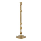 Elegant gold taper candle holder made of aluminum, adding sophistication to any decor with its slim design.