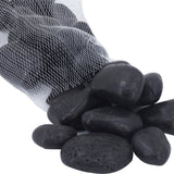 Glossy black polished pebbles (1.2-2 inches) in a 5lb bag, ideal for landscaping, decor, and moisture retention.