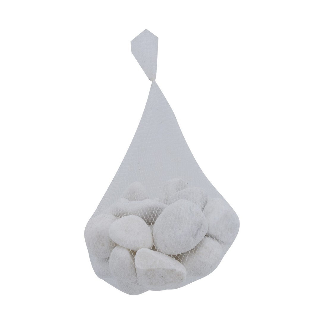 Polished white snow stones (1.2-2 inches) in a 5lbs pack, perfect for decorative landscaping and crafting projects.