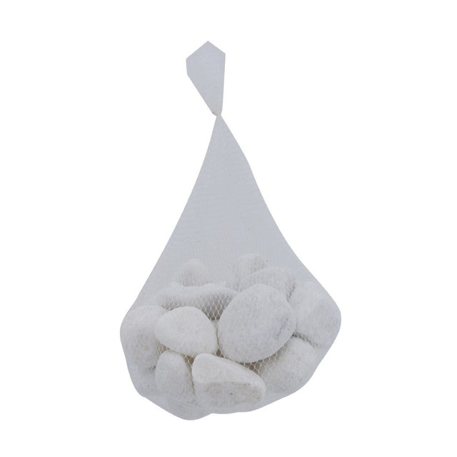 Polished white snow stones (1.2-2 inches) in a 5lbs pack, perfect for decorative landscaping and crafting projects.