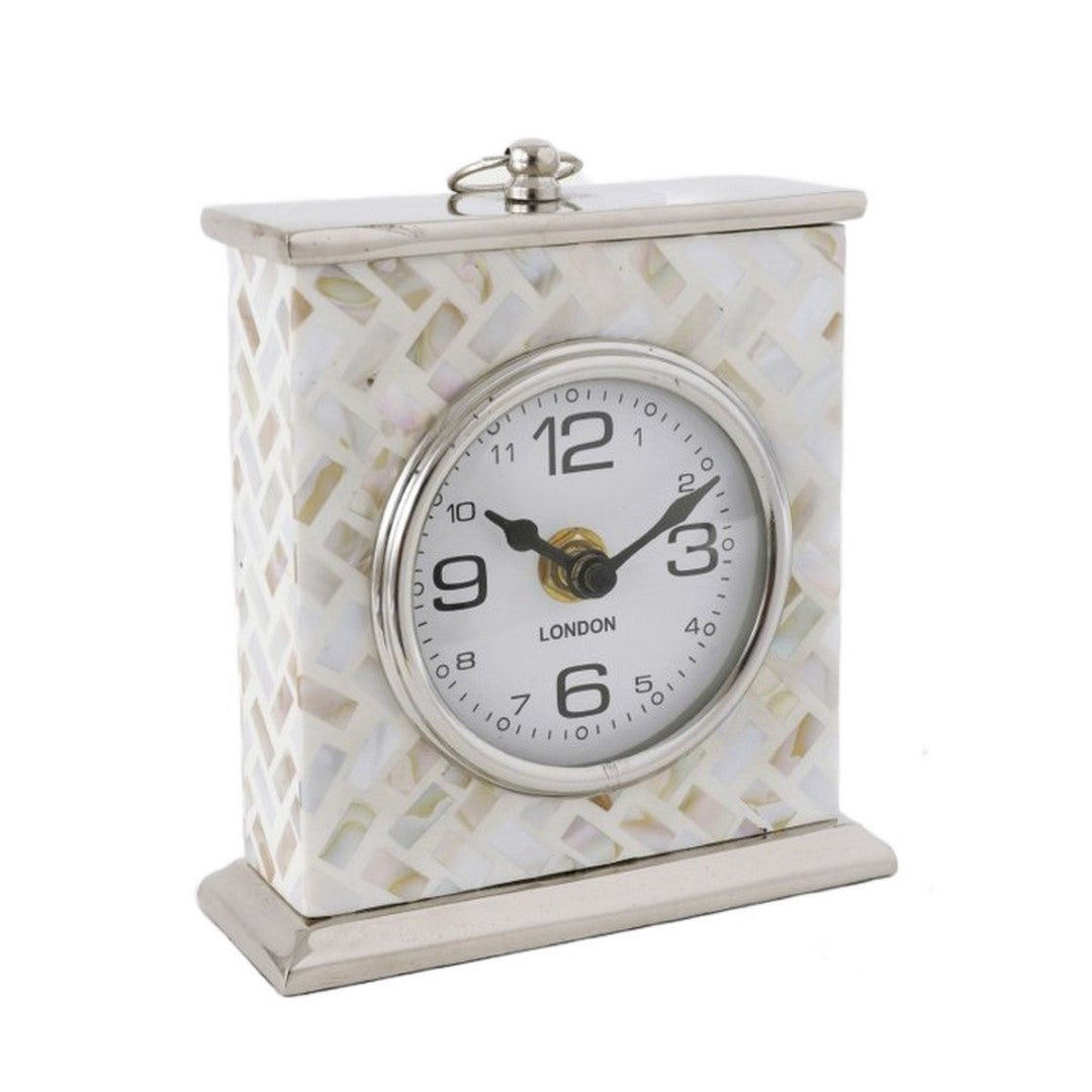 Elegant aluminium shell clock with coastal charm, measuring 12.5 x 5 x 14.2 cm.