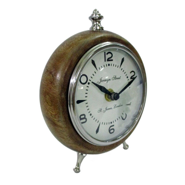 Natural wood clock with rustic charm, perfect for wall hanging or shelf display, measuring 13.5 x 5 x 16.5 cm.