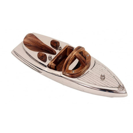 Aluminium and wood boat ornament, 30.5 x 11.5 x 8.5 cm, combining nautical charm with detailed craftsmanship.