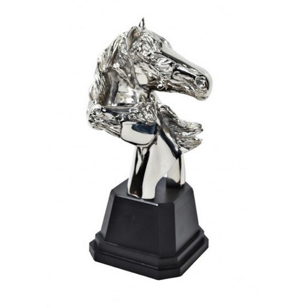 Elegant aluminium horse heads ornament in silver and black, measuring 15x12.5x29 cm, perfect for horse lovers' decor.