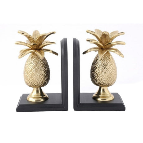 Stylish gold and black aluminum pineapple bookends, 13.5x10.5x19.5cm, perfect for organizing and enhancing home decor.