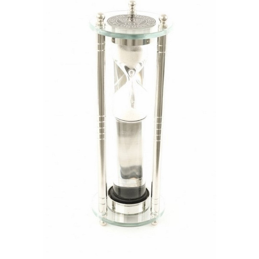 Liquid sand timer in stylish steel design, blending decorative elegance with practical time-keeping functionality.