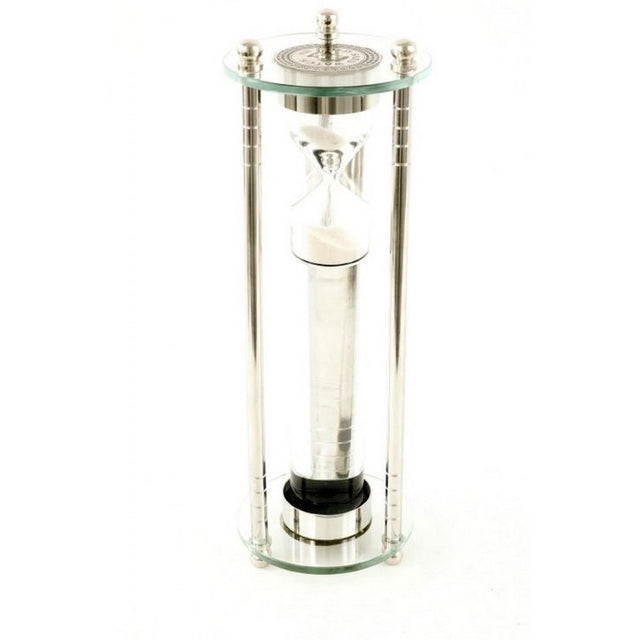 Elegant liquid sand timer in silver steel and glass, measuring 10x10x30cm, adds modern charm and functionality to decor.