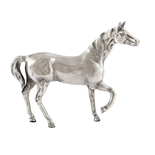 Elegant aluminium horse ornament measuring 32x8.5x28 cm, showcasing detailed craftsmanship and a polished silver finish.