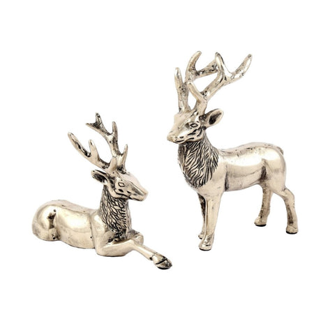 Elegant aluminium reindeer pair in graceful poses, shimmering silver, perfect for festive holiday décor and winter displays.