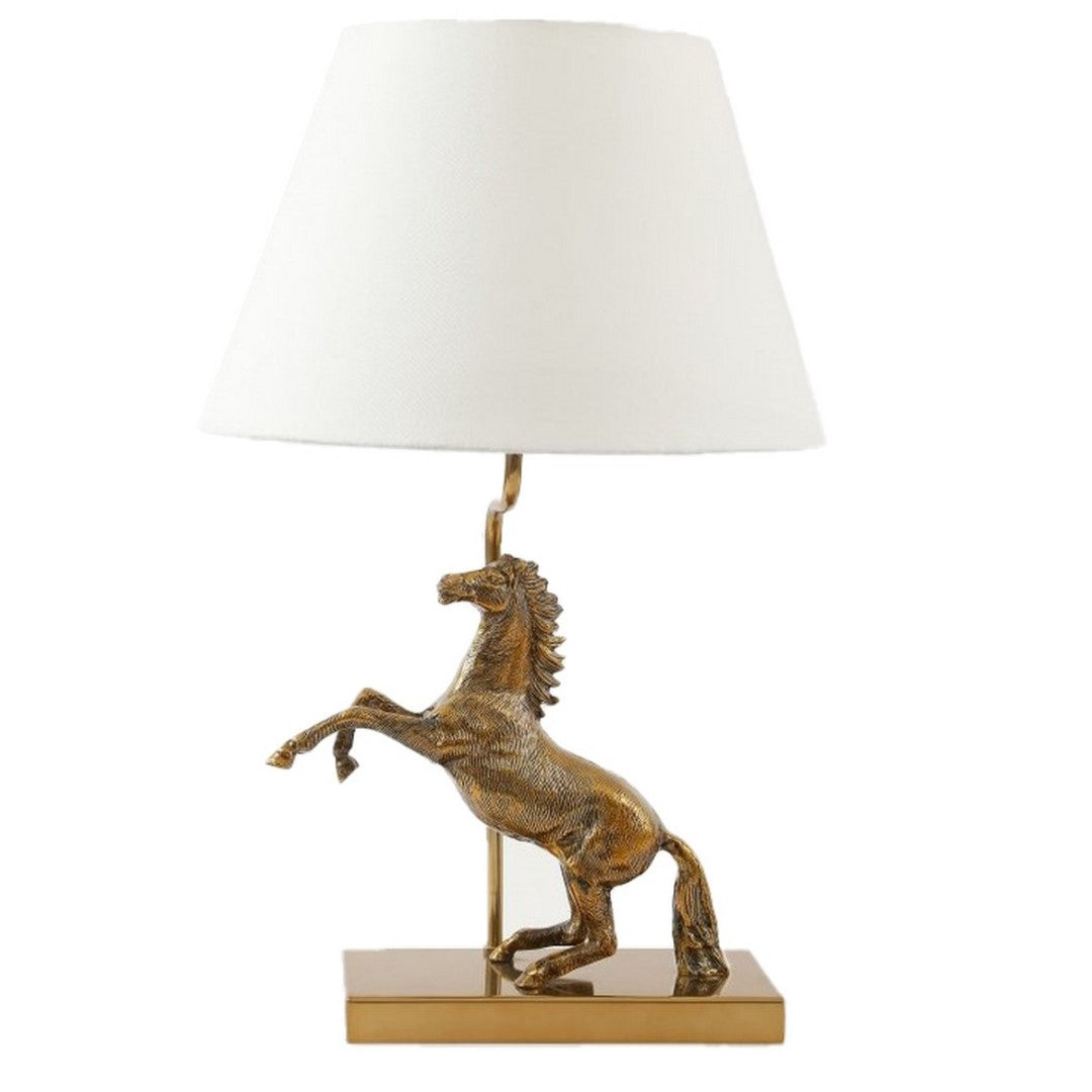 Aluminium horse lamp with white shade, measuring 52x37x19cm, adds elegance and warm light to any decor.