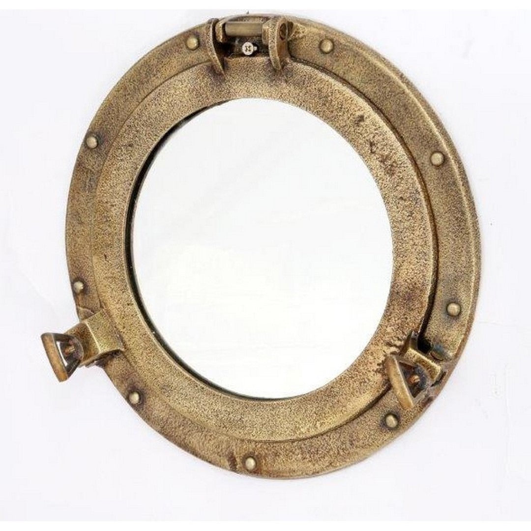 Nautical-themed Portholke Mirror in aluminium and brass, resembling a classic ship's porthole, ideal for coastal decor.