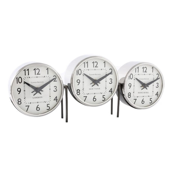 Sleek aluminium world clock in silver, displaying multiple time zones with easy-to-read dials, perfect for sophisticated spaces.