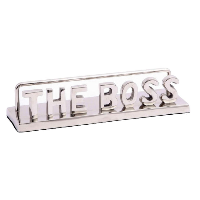 Aluminium sculpture "The Boss," modern design symbolizing authority, sleek silver finish, 31.5 x 9 x 3.5 cm.