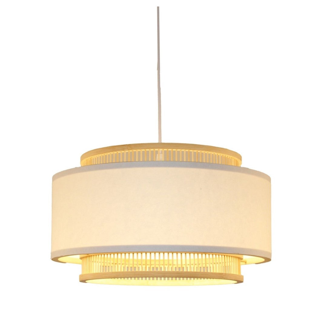 Bamboo and linen pendant light with a minimalist design, providing a warm glow for any interior space.