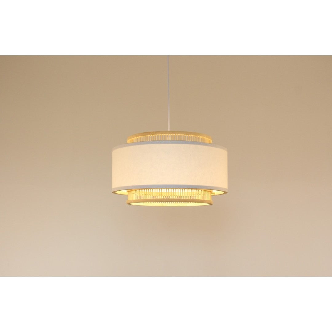 Modern bamboo and linen pendant light, 40x40x23cm, featuring a warm glow and minimalist design for various interiors.