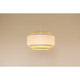 Modern bamboo and linen pendant light, 40x40x23cm, featuring a warm glow and minimalist design for various interiors.