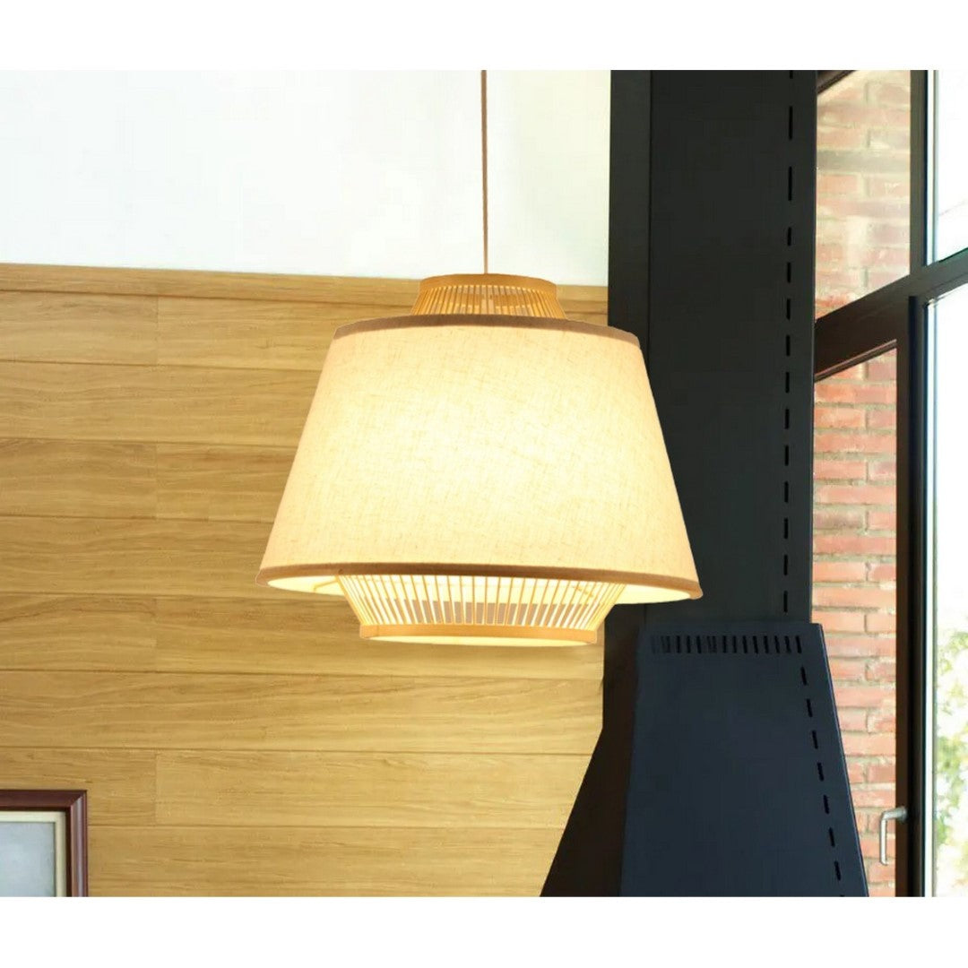 Bamboo & linen pendant light with natural glow, showcasing minimalist design for stylish interior décor.