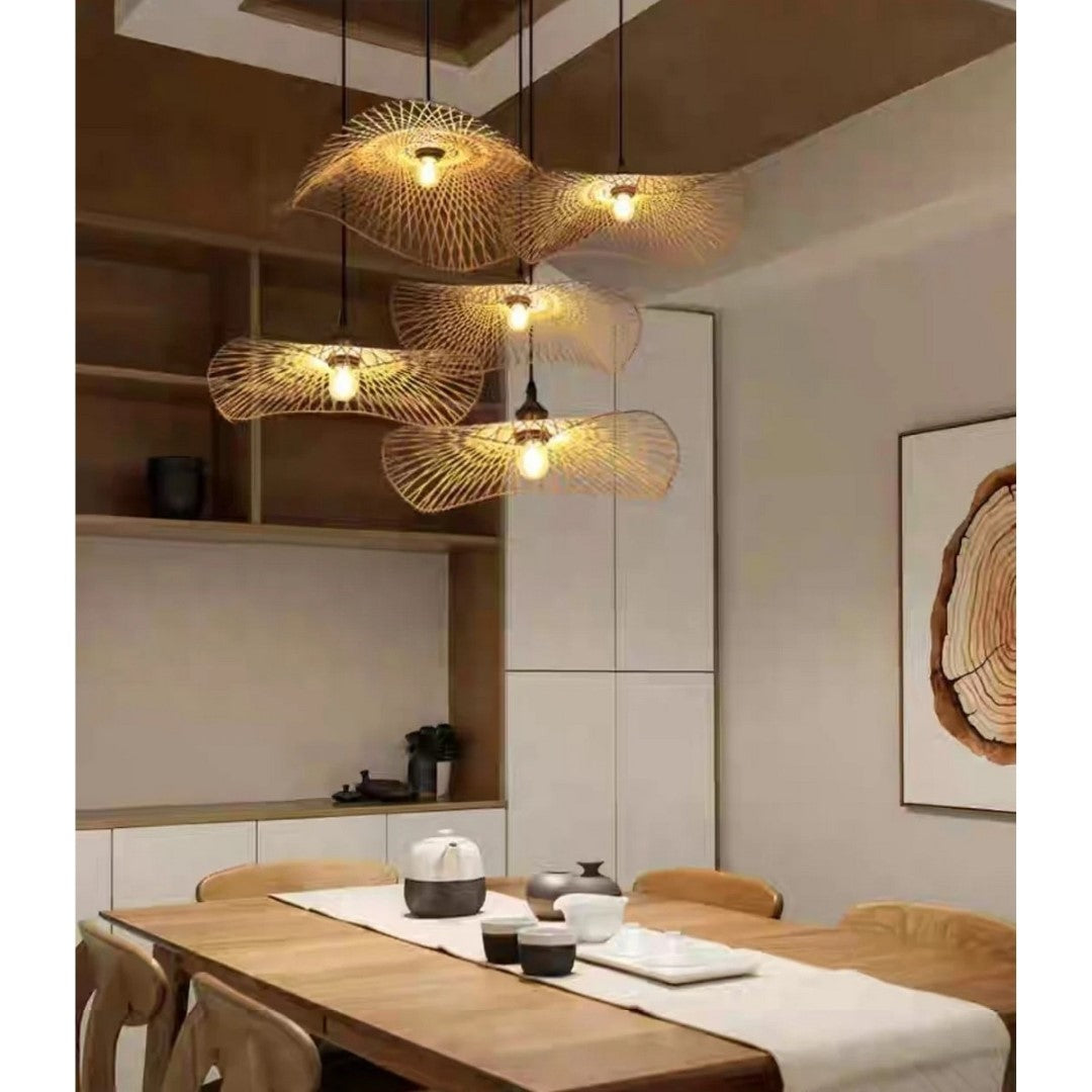 Bamboo pendant light with minimalist design, 75x75x13cm, adds organic elegance and warm ambiance to any modern space.