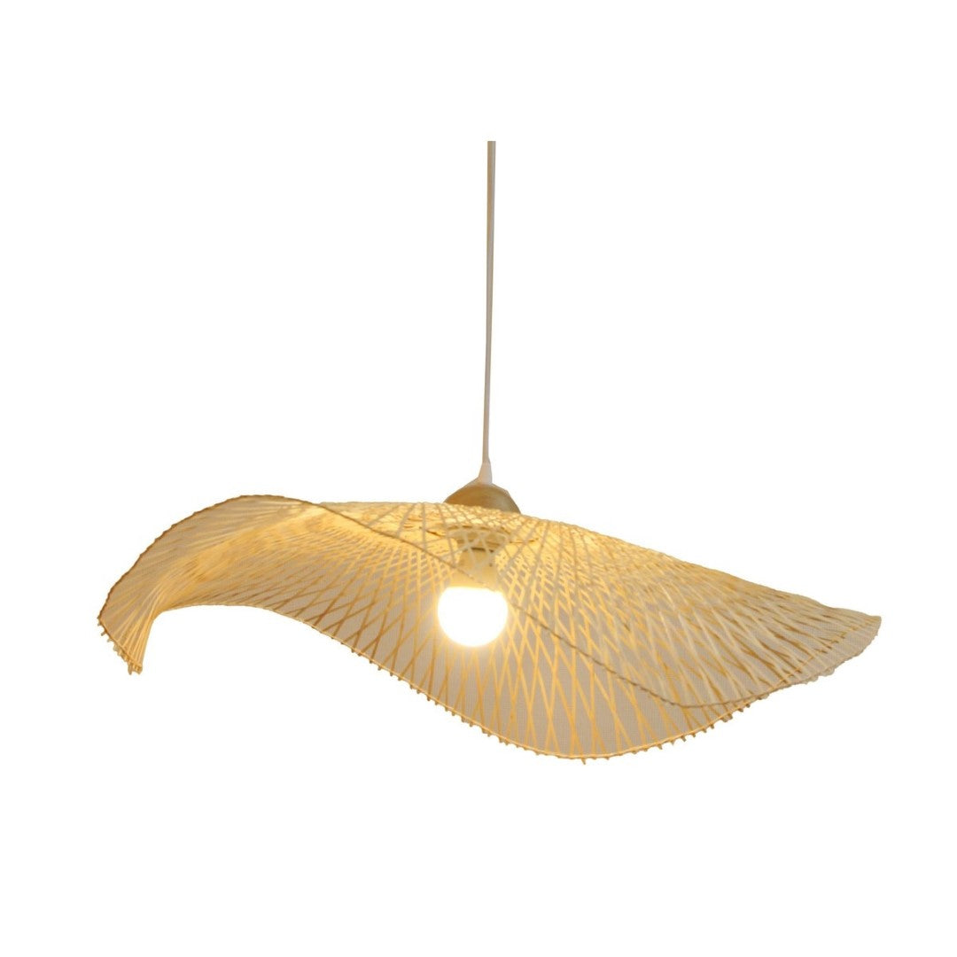 Bamboo pendant light (85x85x14 cm) showcasing a minimalist design for warm, eco-friendly illumination in any space.