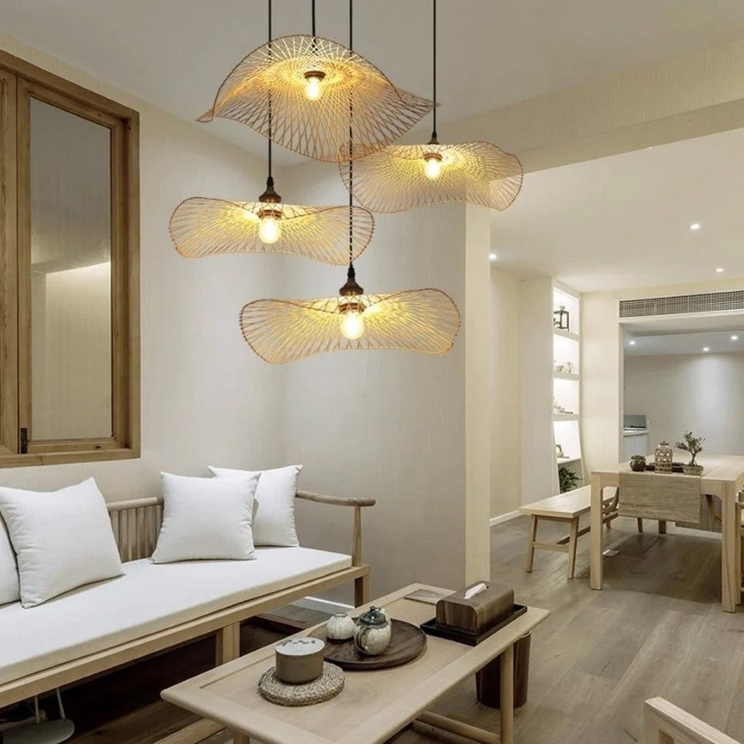 Natural bamboo pendant light with minimalist design, perfect for warm and inviting ambiance in any room.