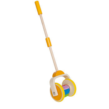 Colorful wooden push/pull toy for toddlers, featuring clacking sounds and enhancing motor skills during imaginative play.