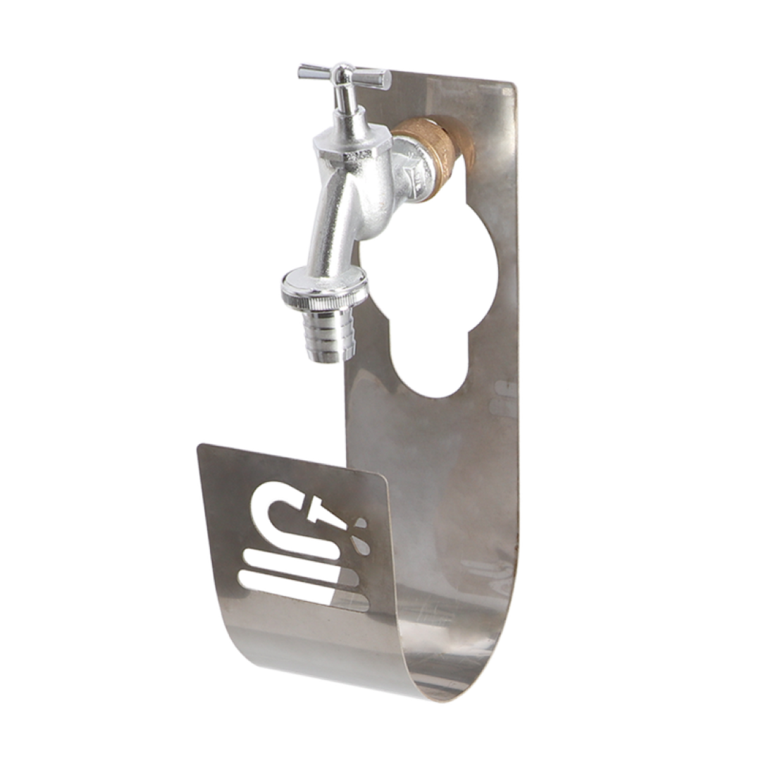 Stainless steel hose holder designed to hang over your tap, measuring 9x12x25 cm.