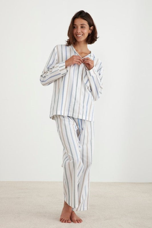 Luxury multi-colour striped cotton pyjama set with long sleeves, elasticated waistband, and ethical OEKO-TEX® certification.