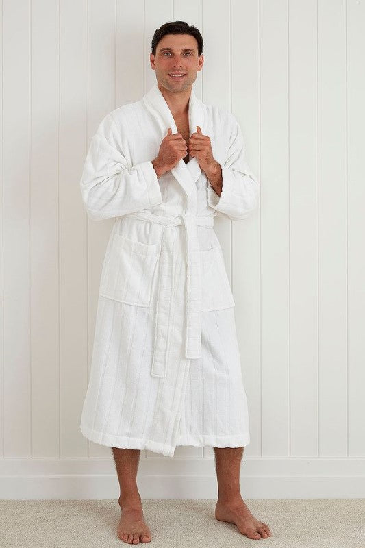 Luxury white bathrobe with shawl collar, pockets, and waist tie, crafted from OEKO-TEX® certified cotton.