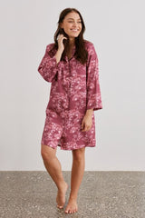 Classic XL nightshirt in luxurious berry pink floral cotton sateen with front buttons and collared neckline for comfort.