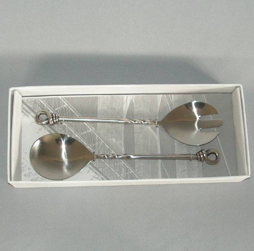 Stylish set of two 28cm chrome salad servers with twisted handles for elegant, mess-free serving of salads and sides.