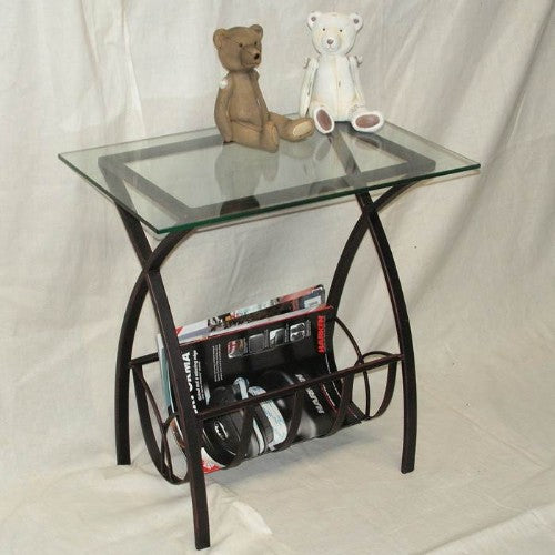 Stylish glass top coffee table with wrought iron frame and integrated magazine rack, perfect for modern living spaces.