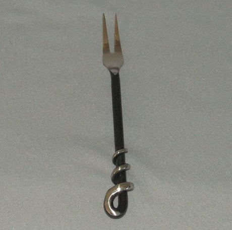 14cm stainless steel cocktail fork with a stylish spiral handle for serving appetizers and garnishing drinks.