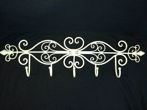 Cream wall hook rack with 5 hooks, made from durable wrought iron, perfect for organizing coats and accessories.