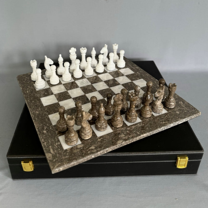 Chess Set with case - Fossil/White Marble (12")