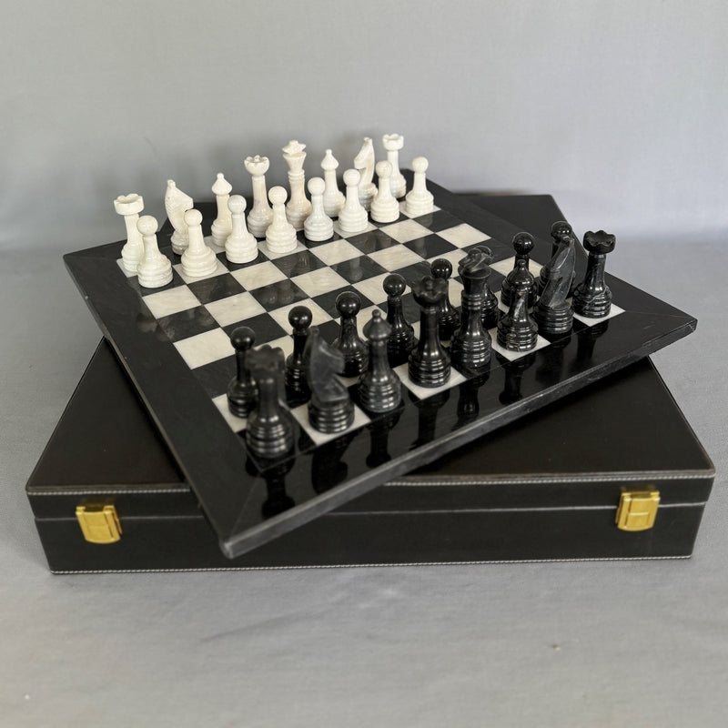 Chess with Case - Black/White Marble ( 12")