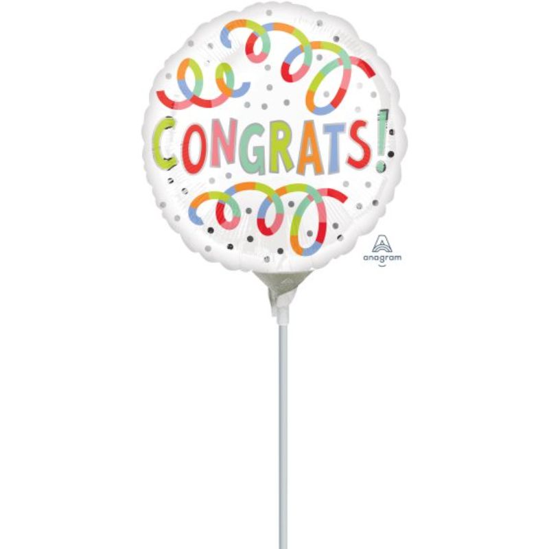 Vibrant 22cm foil balloon with colorful swirls, perfect for celebrations like birthdays and graduations.