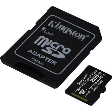 256 GB Kingston Canvas Select Plus microSDXC card with Class 10 speed, A1-rated performance, ideal for high-quality media storage.