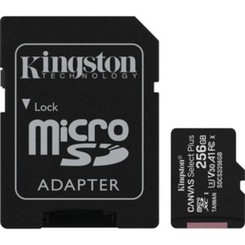 Kingston Canvas Select Plus 256GB microSDXC card, Class 10/UHS-I, fast read speeds up to 100MB/s, durable for Android devices.