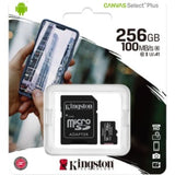 Kingston Canvas Select Plus 256GB microSD card, Class 10/UHS-I, offering fast speeds and reliable storage for Android devices.