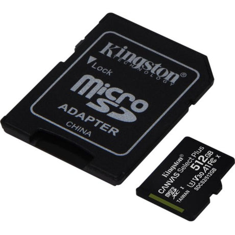 Kingston Canvas Select Plus 512GB microSD card, Class 10/UHS-I, optimized for Android with up to 100MB/s speeds.