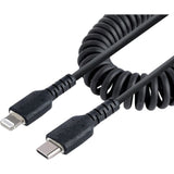 Coiled 50 cm Lightning to USB-C cable with durable aramid fiber, flexible strain relief, and Apple MFi certification for reliable charging.