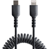 Coiled 50 cm Lightning to USB-C cable with aramid fiber, durable design, MFi certified for reliable charging and syncing.