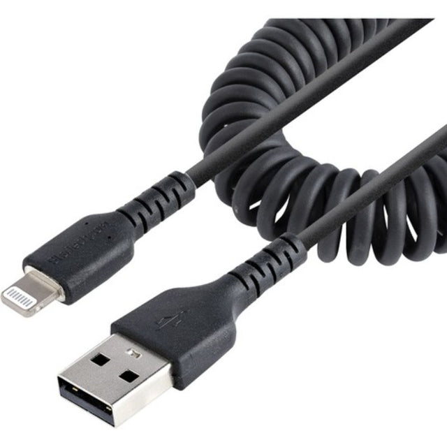 Coiled 50 cm Lightning to USB Data Transfer Cable for Apple devices, features durable aramid fiber for flexibility and longevity.